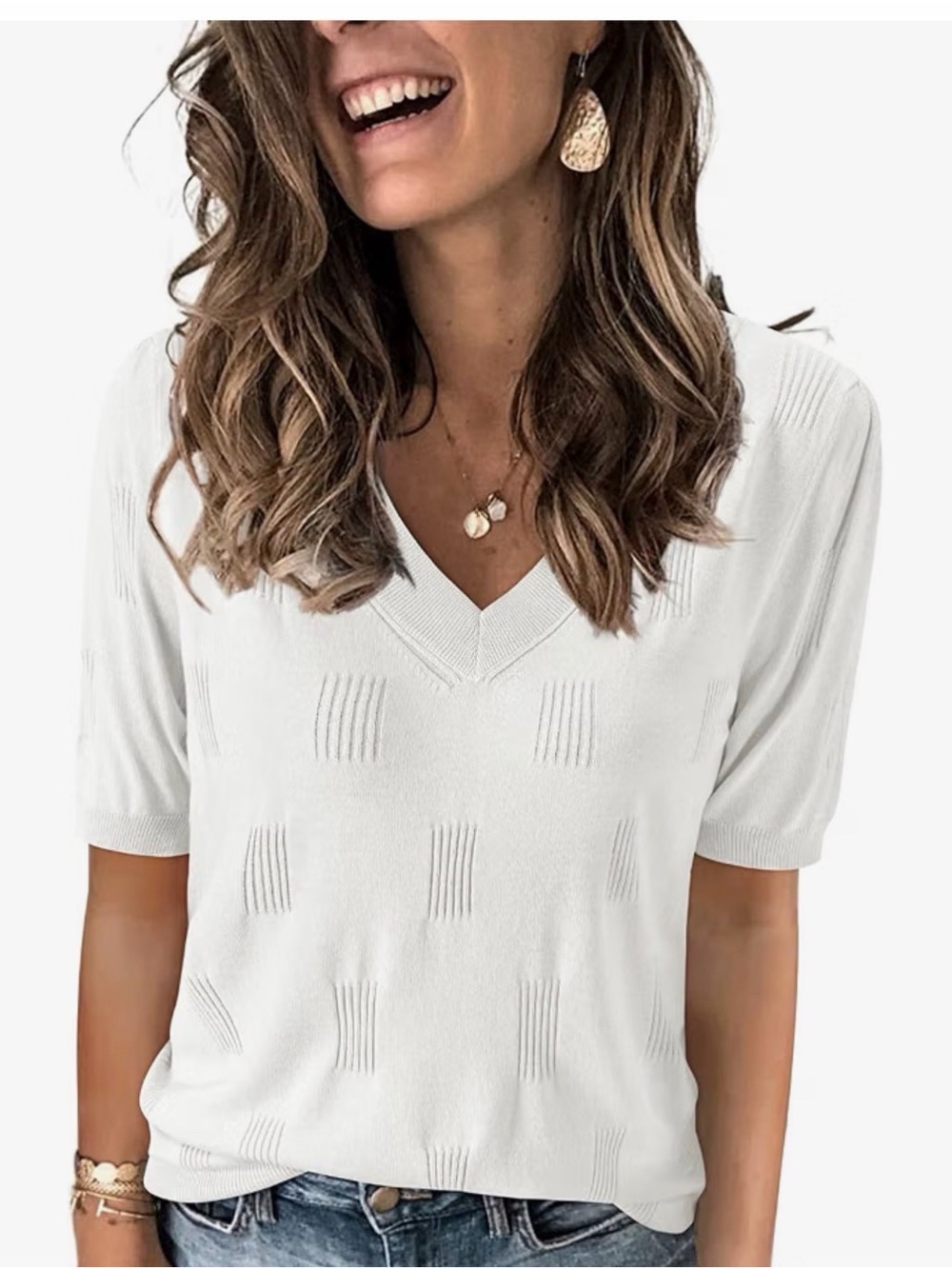 Classic White V-Neck Short Sleeve Sweater